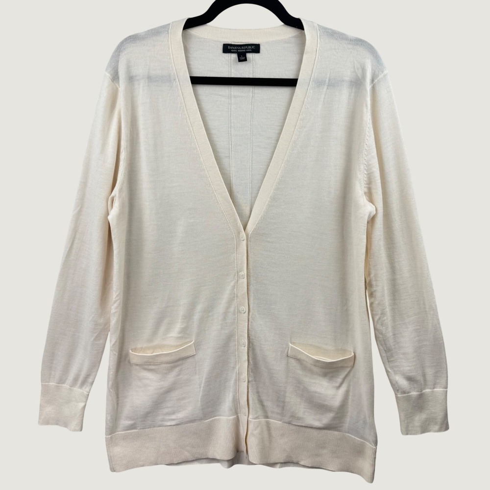 Banana Republic Cardigan Womens Large Ivory Merino Wool V-Neck Button Pockets - Picture 2 of 12